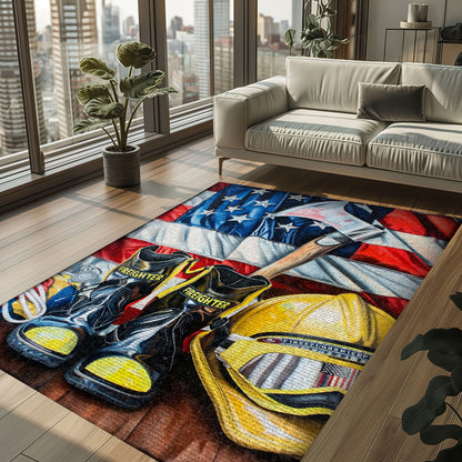 Bold Fire Truck in Front of the USA Flag Area Rug: Show Support for First Responders and Nation, Firefighter Rugs for Living Room Bedroom, Firefighter Rectangular Rugs Full Size FR60