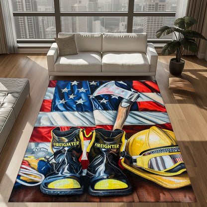 Bold Fire Truck in Front of the USA Flag Area Rug: Show Support for First Responders and Nation, Firefighter Rugs for Living Room Bedroom, Firefighter Rectangular Rugs Full Size FR60