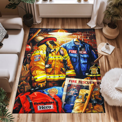 Bold Fire Truck in Front of the USA Flag Area Rug: Show Support for First Responders and Nation, Firefighter Rugs for Living Room Bedroom, Firefighter Rectangular Rugs Full Size FR60