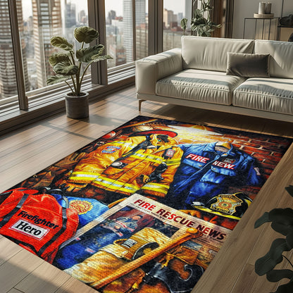 Bold Fire Truck in Front of the USA Flag Area Rug: Show Support for First Responders and Nation, Firefighter Rugs for Living Room Bedroom, Firefighter Rectangular Rugs Full Size FR60