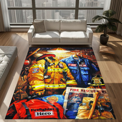 Bold Fire Truck in Front of the USA Flag Area Rug: Show Support for First Responders and Nation, Firefighter Rugs for Living Room Bedroom, Firefighter Rectangular Rugs Full Size FR60