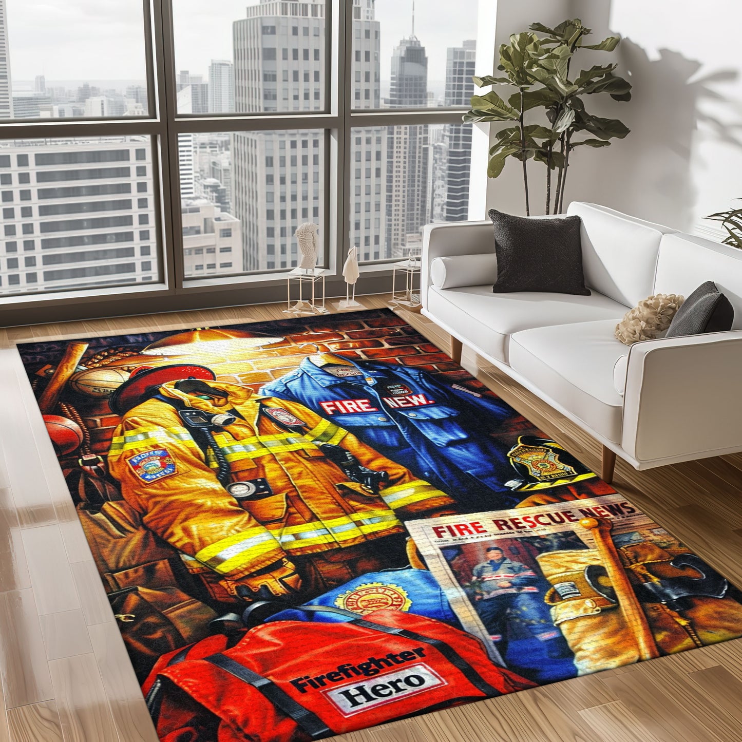 Bold Fire Truck in Front of the USA Flag Area Rug: Show Support for First Responders and Nation, Firefighter Rugs for Living Room Bedroom, Firefighter Rectangular Rugs Full Size FR60