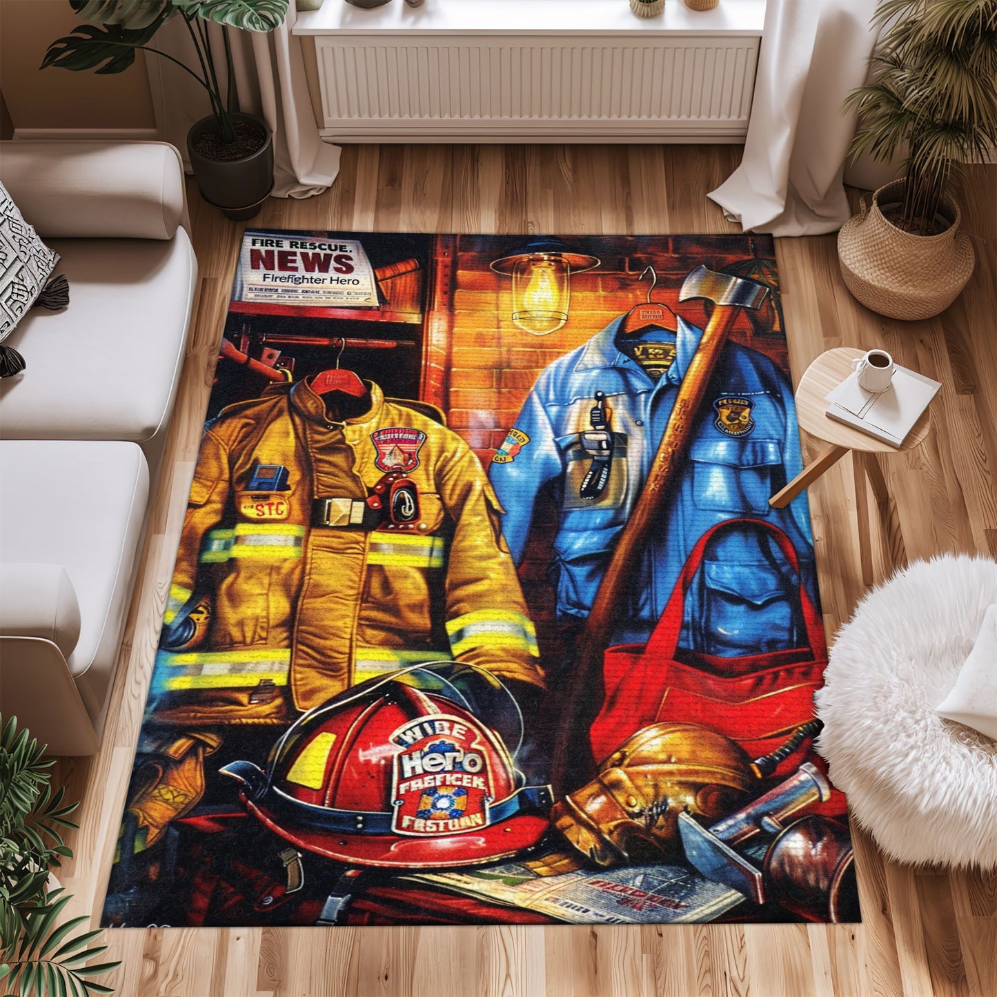 Bold Fire Truck in Front of the USA Flag Area Rug: Show Support for First Responders and Nation, Firefighter Rugs for Living Room Bedroom, Firefighter Rectangular Rugs Full Size FR60