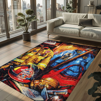 Bold Fire Truck in Front of the USA Flag Area Rug: Show Support for First Responders and Nation, Firefighter Rugs for Living Room Bedroom, Firefighter Rectangular Rugs Full Size FR60