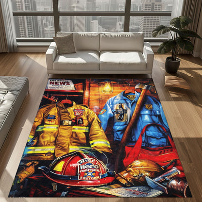 Bold Fire Truck in Front of the USA Flag Area Rug: Show Support for First Responders and Nation, Firefighter Rugs for Living Room Bedroom, Firefighter Rectangular Rugs Full Size FR60