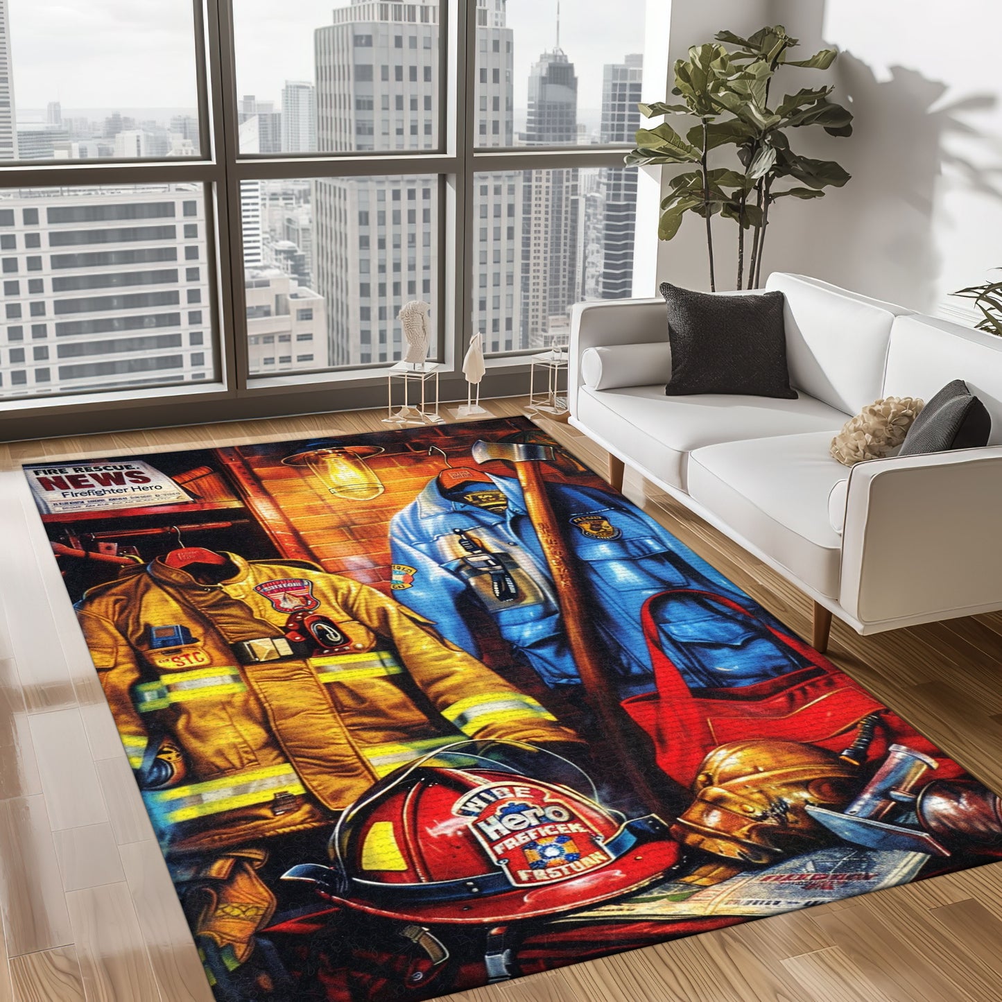 Bold Fire Truck in Front of the USA Flag Area Rug: Show Support for First Responders and Nation, Firefighter Rugs for Living Room Bedroom, Firefighter Rectangular Rugs Full Size FR60