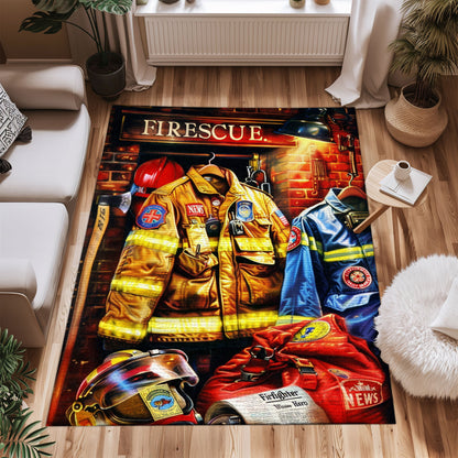 Bold Fire Truck in Front of the USA Flag Area Rug: Show Support for First Responders and Nation, Firefighter Rugs for Living Room Bedroom, Firefighter Rectangular Rugs Full Size FR60