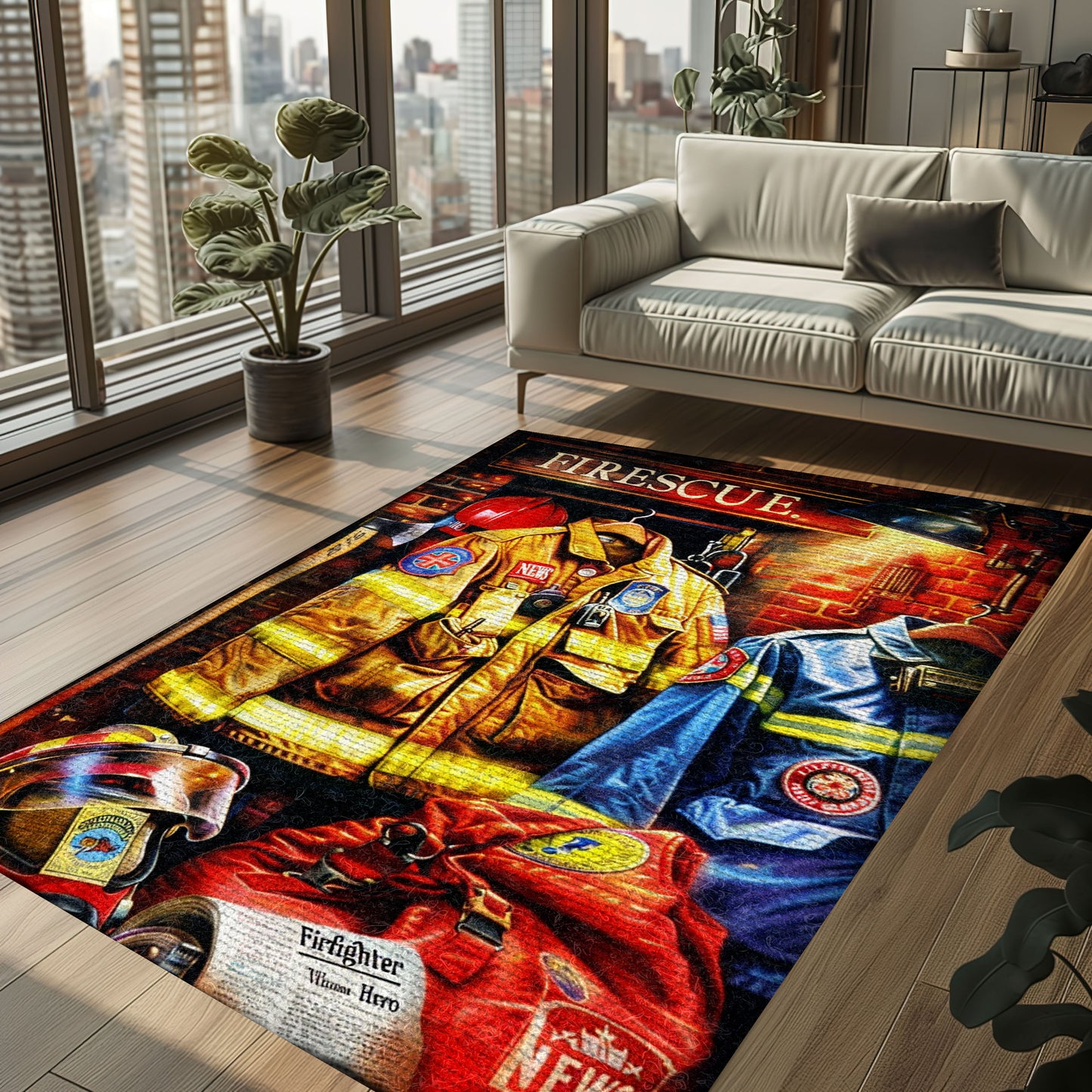 Personalized Firefighter's Gear and Memorabilia Rug: Tribute to Heroes, Firefighter Rugs for Living Room Bedroom, Firefighter Rectangular Rugs Full Size FR136