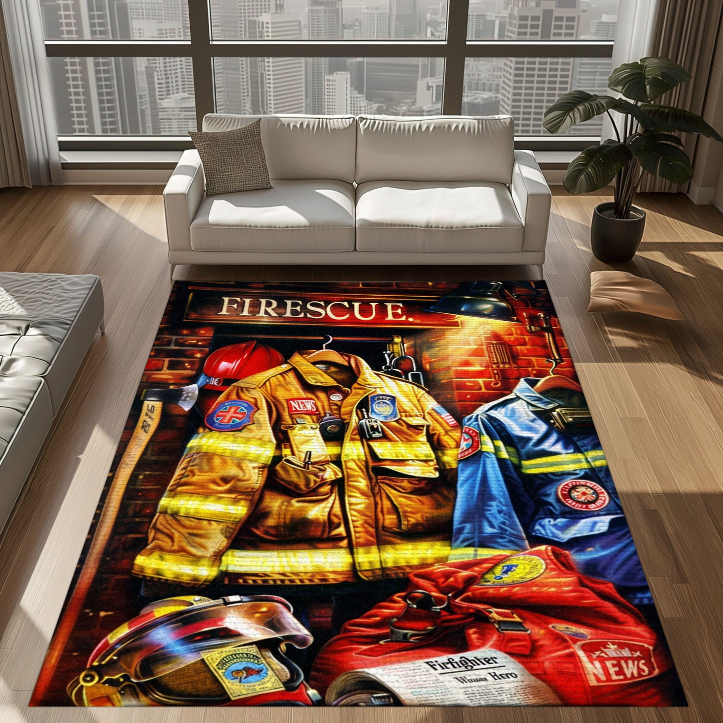 Bold Fire Truck in Front of the USA Flag Area Rug: Show Support for First Responders and Nation, Firefighter Rugs for Living Room Bedroom, Firefighter Rectangular Rugs Full Size FR60