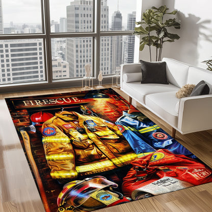 Bold Fire Truck in Front of the USA Flag Area Rug: Show Support for First Responders and Nation, Firefighter Rugs for Living Room Bedroom, Firefighter Rectangular Rugs Full Size FR60