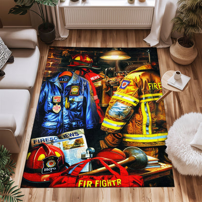 Bold Fire Truck in Front of the USA Flag Area Rug: Show Support for First Responders and Nation, Firefighter Rugs for Living Room Bedroom, Firefighter Rectangular Rugs Full Size FR60