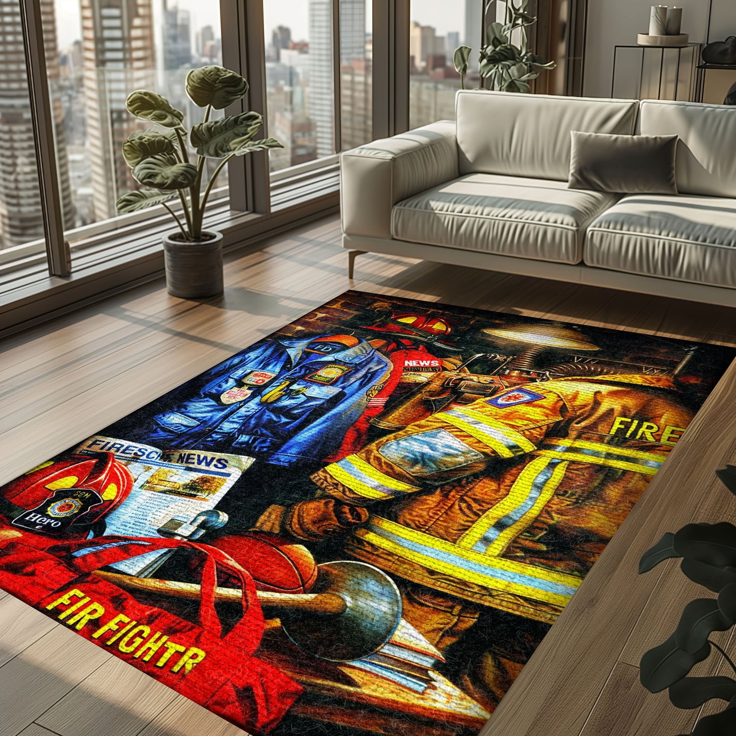 Bold Fire Truck in Front of the USA Flag Area Rug: Show Support for First Responders and Nation, Firefighter Rugs for Living Room Bedroom, Firefighter Rectangular Rugs Full Size FR60