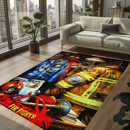 Bold Fire Truck in Front of the USA Flag Area Rug: Show Support for First Responders and Nation, Firefighter Rugs for Living Room Bedroom, Firefighter Rectangular Rugs Full Size FR60