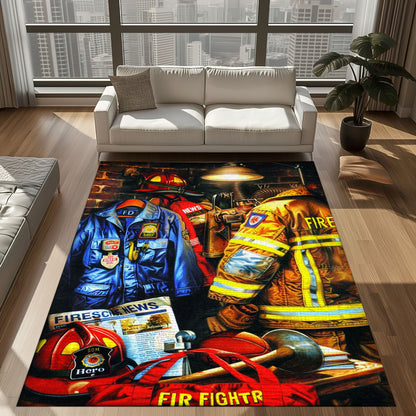 Bold Fire Truck in Front of the USA Flag Area Rug: Show Support for First Responders and Nation, Firefighter Rugs for Living Room Bedroom, Firefighter Rectangular Rugs Full Size FR60