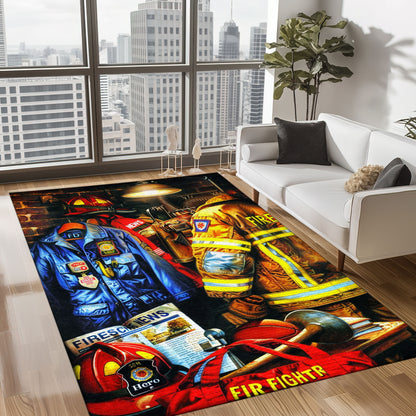 Bold Fire Truck in Front of the USA Flag Area Rug: Show Support for First Responders and Nation, Firefighter Rugs for Living Room Bedroom, Firefighter Rectangular Rugs Full Size FR60