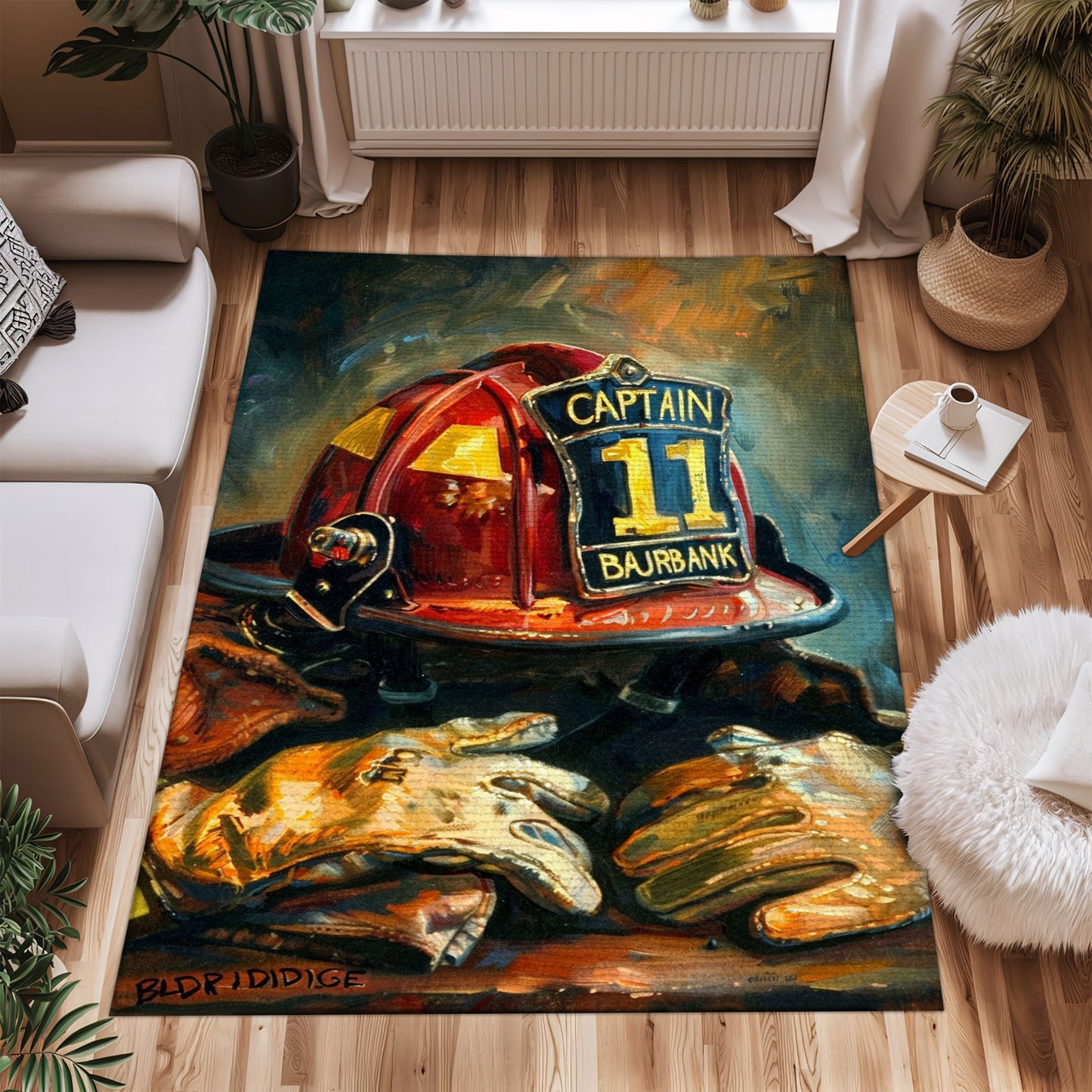 Bold Fire Truck in Front of the USA Flag Area Rug: Show Support for First Responders and Nation, Firefighter Rugs for Living Room Bedroom, Firefighter Rectangular Rugs Full Size FR60
