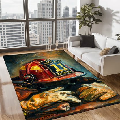 Bold Fire Truck in Front of the USA Flag Area Rug: Show Support for First Responders and Nation, Firefighter Rugs for Living Room Bedroom, Firefighter Rectangular Rugs Full Size FR60