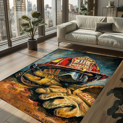 Bold Fire Truck in Front of the USA Flag Area Rug: Show Support for First Responders and Nation, Firefighter Rugs for Living Room Bedroom, Firefighter Rectangular Rugs Full Size FR60
