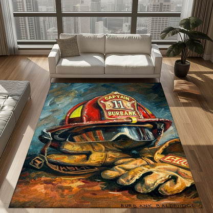 Bold Fire Truck in Front of the USA Flag Area Rug: Show Support for First Responders and Nation, Firefighter Rugs for Living Room Bedroom, Firefighter Rectangular Rugs Full Size FR60