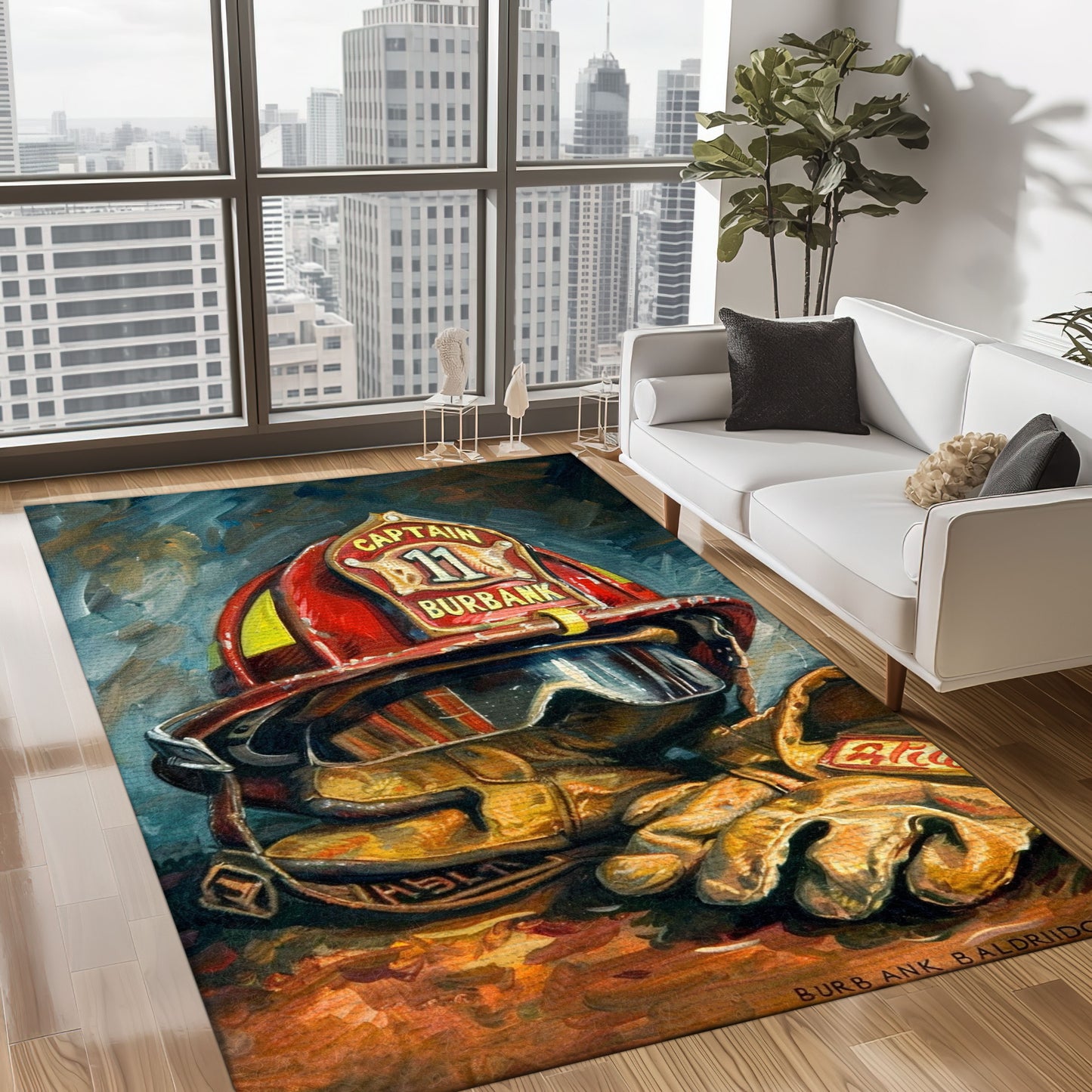 Bold Fire Truck in Front of the USA Flag Area Rug: Show Support for First Responders and Nation, Firefighter Rugs for Living Room Bedroom, Firefighter Rectangular Rugs Full Size FR60