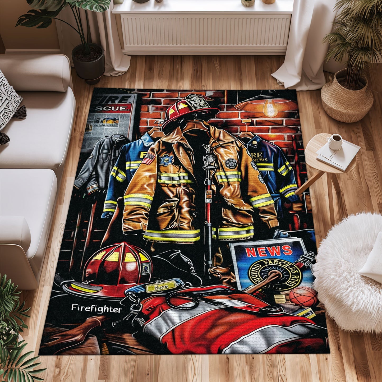 Bold Fire Truck in Front of the USA Flag Area Rug: Show Support for First Responders and Nation, Firefighter Rugs for Living Room Bedroom, Firefighter Rectangular Rugs Full Size FR60