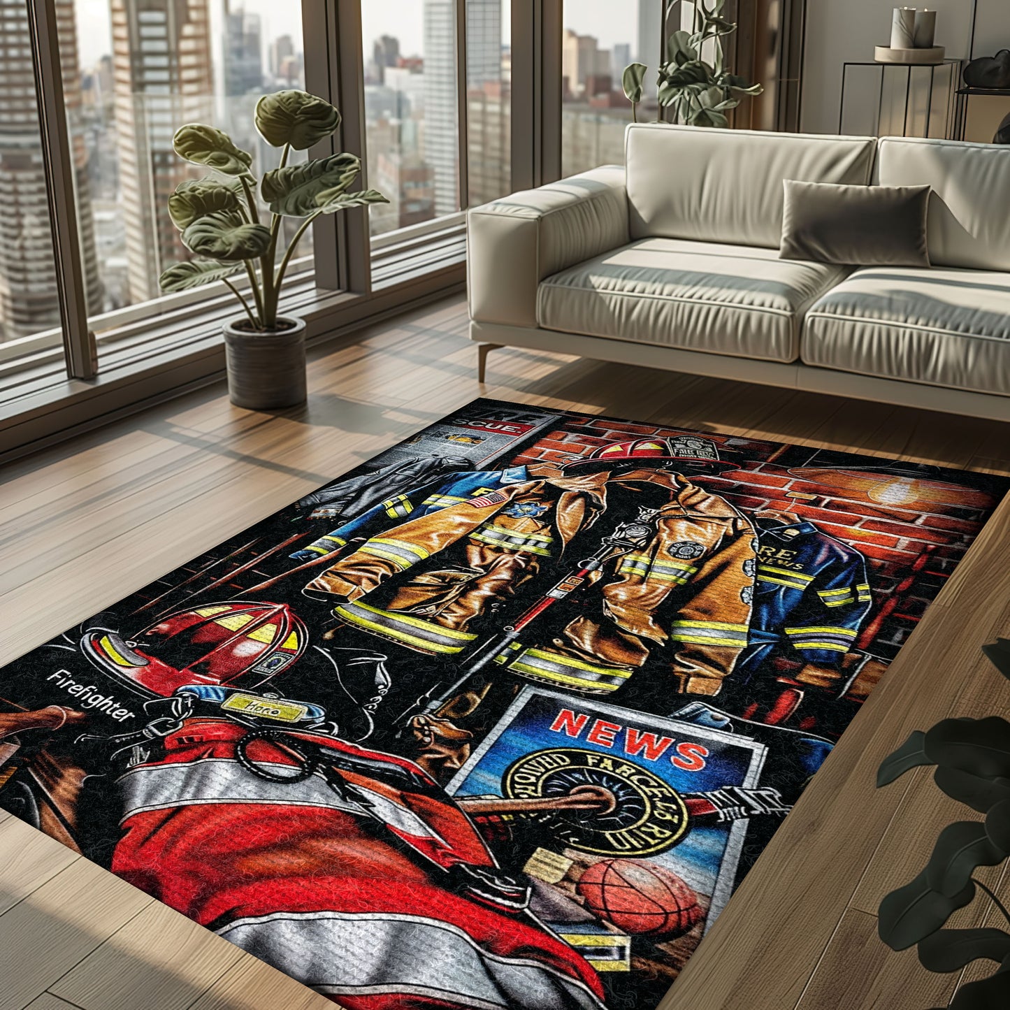 Bold Fire Truck in Front of the USA Flag Area Rug: Show Support for First Responders and Nation, Firefighter Rugs for Living Room Bedroom, Firefighter Rectangular Rugs Full Size FR60