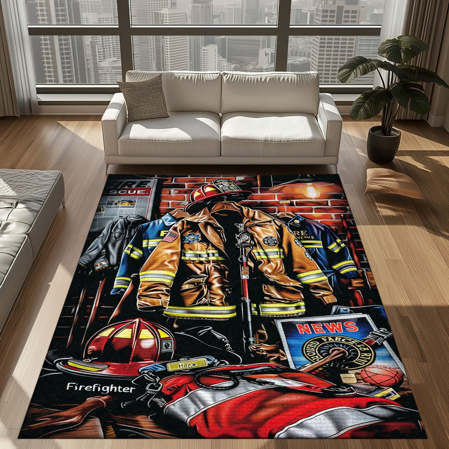 Bold Fire Truck in Front of the USA Flag Area Rug: Show Support for First Responders and Nation, Firefighter Rugs for Living Room Bedroom, Firefighter Rectangular Rugs Full Size FR60