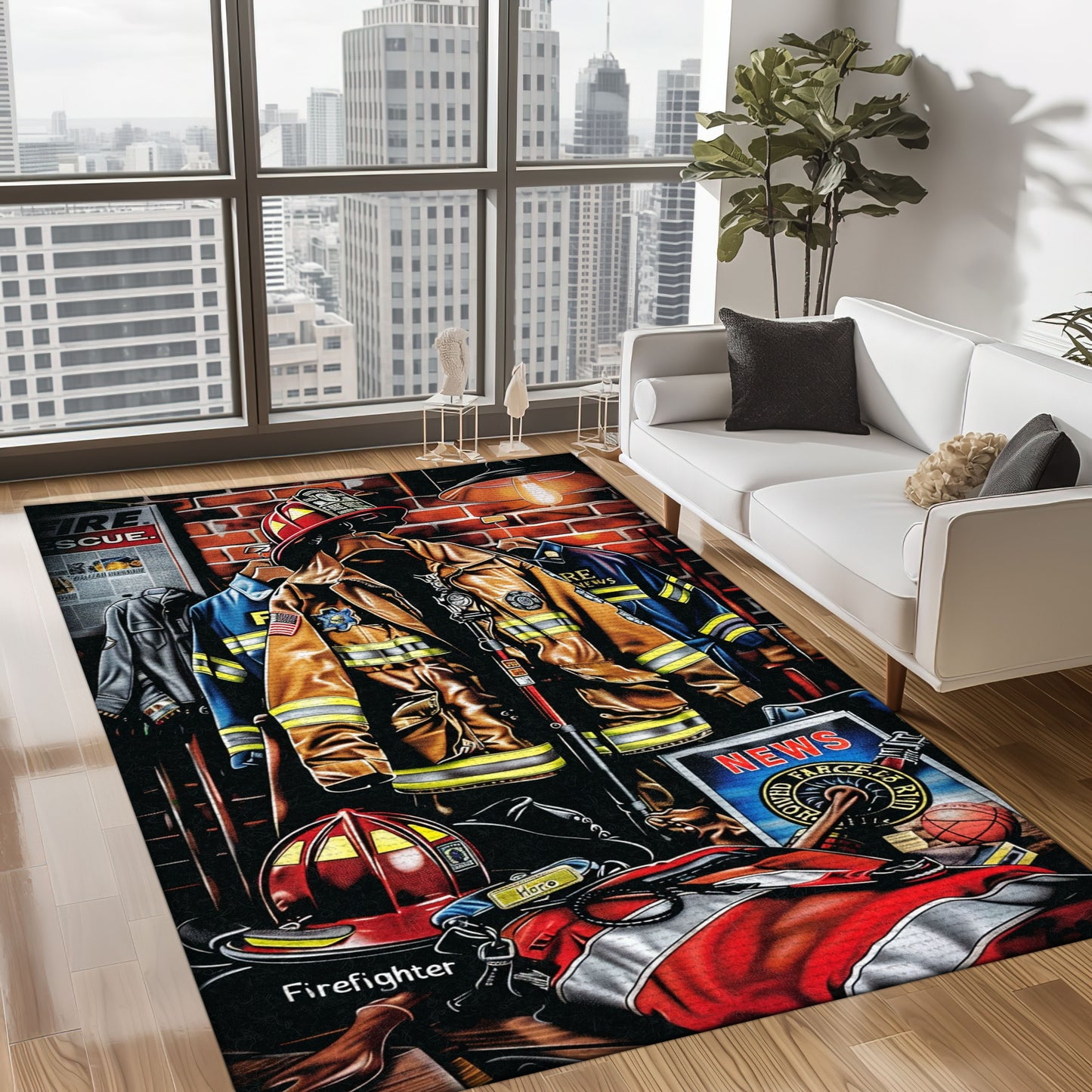 Bold Fire Truck in Front of the USA Flag Area Rug: Show Support for First Responders and Nation, Firefighter Rugs for Living Room Bedroom, Firefighter Rectangular Rugs Full Size FR60