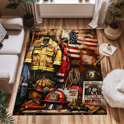 Bold Fire Truck in Front of the USA Flag Area Rug: Show Support for First Responders and Nation, Firefighter Rugs for Living Room Bedroom, Firefighter Rectangular Rugs Full Size FR60