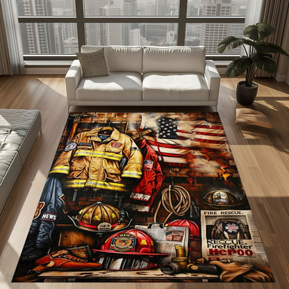 Bold Fire Truck in Front of the USA Flag Area Rug: Show Support for First Responders and Nation, Firefighter Rugs for Living Room Bedroom, Firefighter Rectangular Rugs Full Size FR60