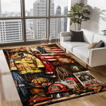 Bold Fire Truck in Front of the USA Flag Area Rug: Show Support for First Responders and Nation, Firefighter Rugs for Living Room Bedroom, Firefighter Rectangular Rugs Full Size FR60