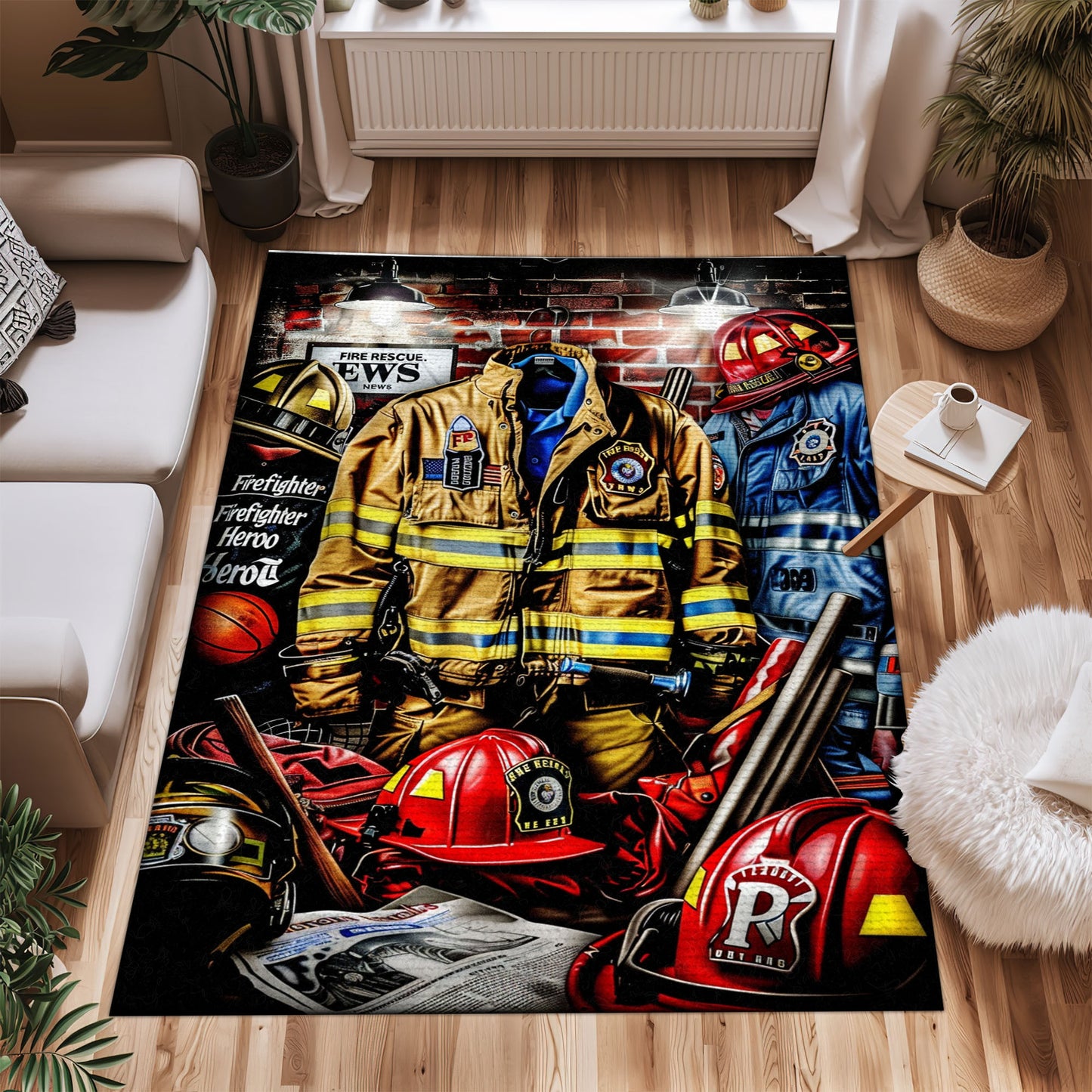 Bold Fire Truck in Front of the USA Flag Area Rug: Show Support for First Responders and Nation, Firefighter Rugs for Living Room Bedroom, Firefighter Rectangular Rugs Full Size FR60