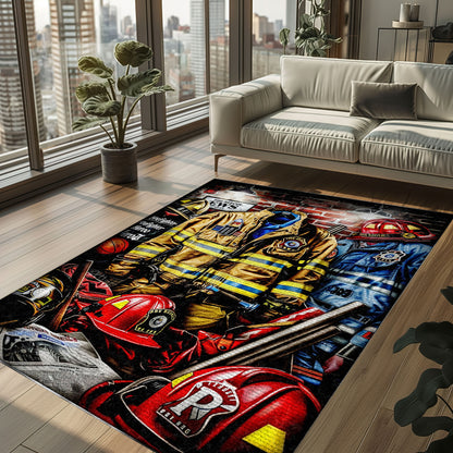 Bold Fire Truck in Front of the USA Flag Area Rug: Show Support for First Responders and Nation, Firefighter Rugs for Living Room Bedroom, Firefighter Rectangular Rugs Full Size FR60