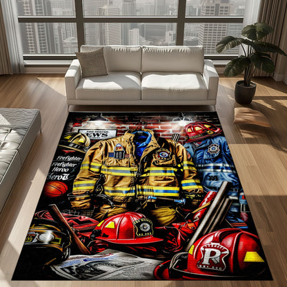 Bold Fire Truck in Front of the USA Flag Area Rug: Show Support for First Responders and Nation, Firefighter Rugs for Living Room Bedroom, Firefighter Rectangular Rugs Full Size FR60