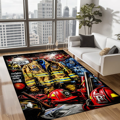 Bold Fire Truck in Front of the USA Flag Area Rug: Show Support for First Responders and Nation, Firefighter Rugs for Living Room Bedroom, Firefighter Rectangular Rugs Full Size FR60