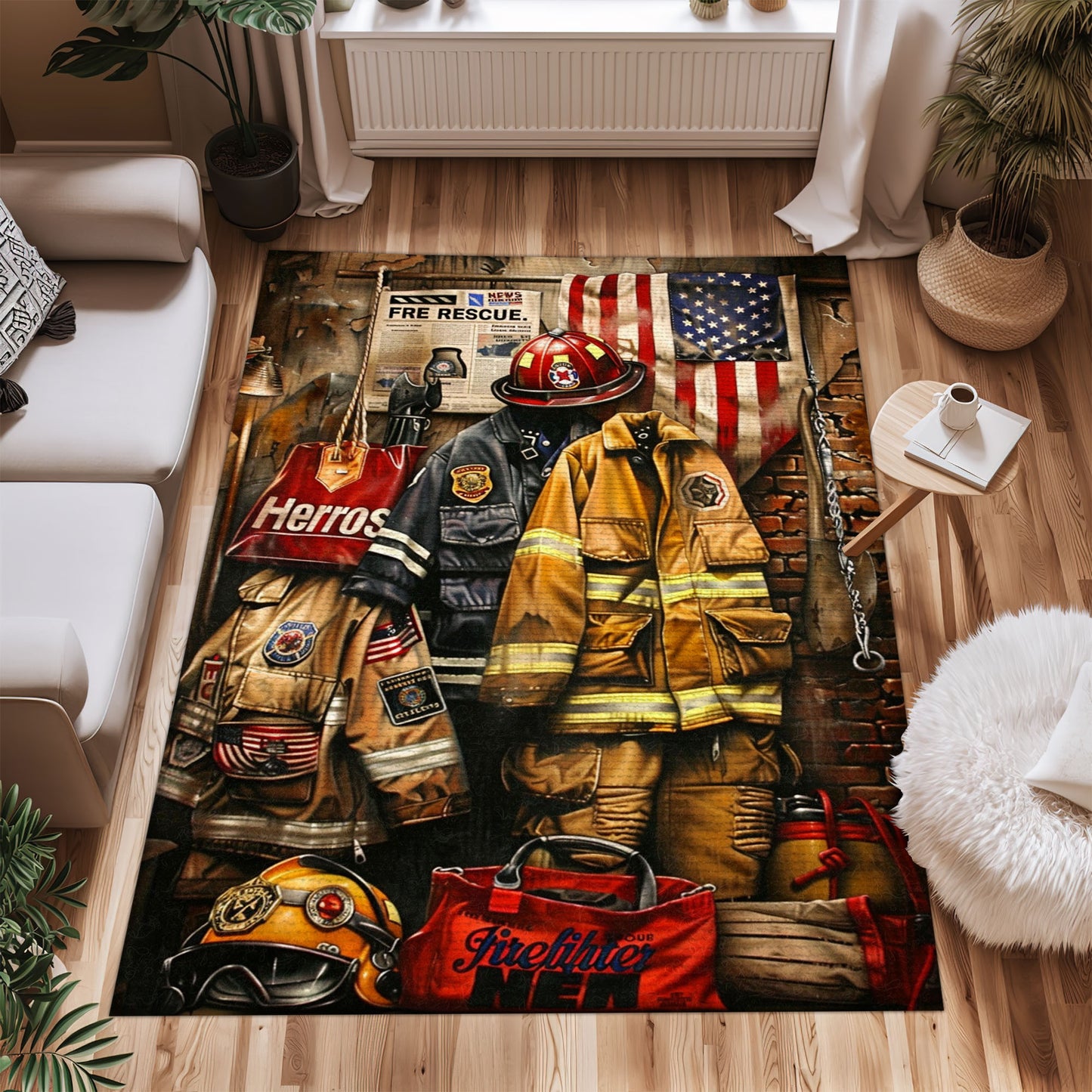 Bold Fire Truck in Front of the USA Flag Area Rug: Show Support for First Responders and Nation, Firefighter Rugs for Living Room Bedroom, Firefighter Rectangular Rugs Full Size FR60