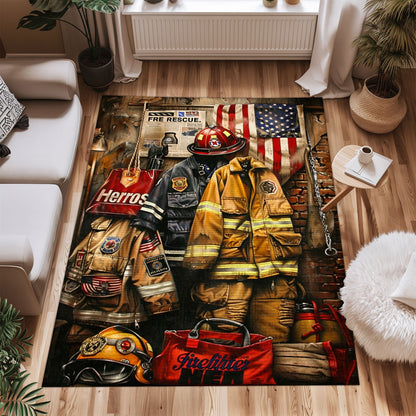 Heroic Touch: Custom Firefighter's Gear and Memorabilia Area Rug, Firefighter Rugs for Living Room Bedroom, Firefighter Rectangular Rugs Full Size FR129