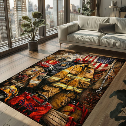 Bold Fire Truck in Front of the USA Flag Area Rug: Show Support for First Responders and Nation, Firefighter Rugs for Living Room Bedroom, Firefighter Rectangular Rugs Full Size FR60