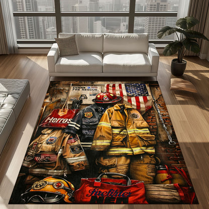 Bold Fire Truck in Front of the USA Flag Area Rug: Show Support for First Responders and Nation, Firefighter Rugs for Living Room Bedroom, Firefighter Rectangular Rugs Full Size FR60