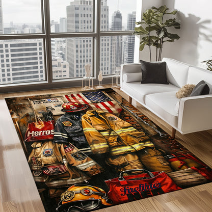 Bold Fire Truck in Front of the USA Flag Area Rug: Show Support for First Responders and Nation, Firefighter Rugs for Living Room Bedroom, Firefighter Rectangular Rugs Full Size FR60