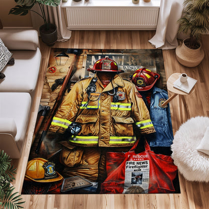 Bold Fire Truck in Front of the USA Flag Area Rug: Show Support for First Responders and Nation, Firefighter Rugs for Living Room Bedroom, Firefighter Rectangular Rugs Full Size FR60