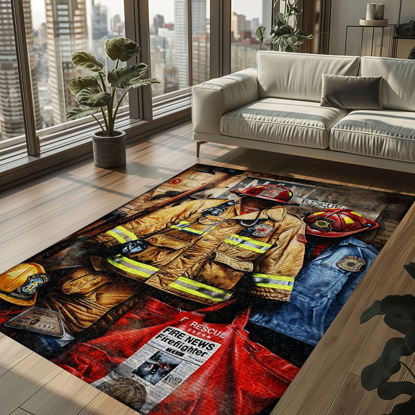 Bold Fire Truck in Front of the USA Flag Area Rug: Show Support for First Responders and Nation, Firefighter Rugs for Living Room Bedroom, Firefighter Rectangular Rugs Full Size FR60