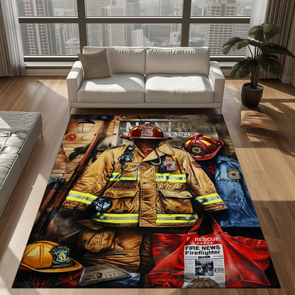 Bold Fire Truck in Front of the USA Flag Area Rug: Show Support for First Responders and Nation, Firefighter Rugs for Living Room Bedroom, Firefighter Rectangular Rugs Full Size FR60