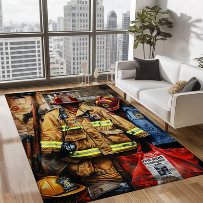 Bold Fire Truck in Front of the USA Flag Area Rug: Show Support for First Responders and Nation, Firefighter Rugs for Living Room Bedroom, Firefighter Rectangular Rugs Full Size FR60