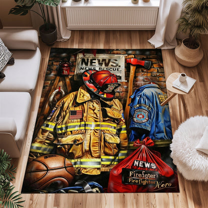 Bold Fire Truck in Front of the USA Flag Area Rug: Show Support for First Responders and Nation, Firefighter Rugs for Living Room Bedroom, Firefighter Rectangular Rugs Full Size FR60