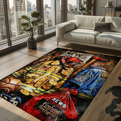 Bold Fire Truck in Front of the USA Flag Area Rug: Show Support for First Responders and Nation, Firefighter Rugs for Living Room Bedroom, Firefighter Rectangular Rugs Full Size FR60