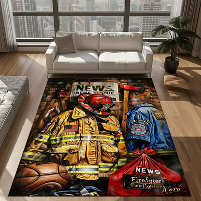 Bold Fire Truck in Front of the USA Flag Area Rug: Show Support for First Responders and Nation, Firefighter Rugs for Living Room Bedroom, Firefighter Rectangular Rugs Full Size FR60