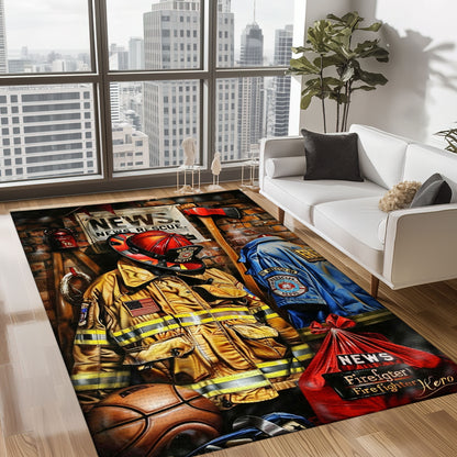 Bold Fire Truck in Front of the USA Flag Area Rug: Show Support for First Responders and Nation, Firefighter Rugs for Living Room Bedroom, Firefighter Rectangular Rugs Full Size FR60