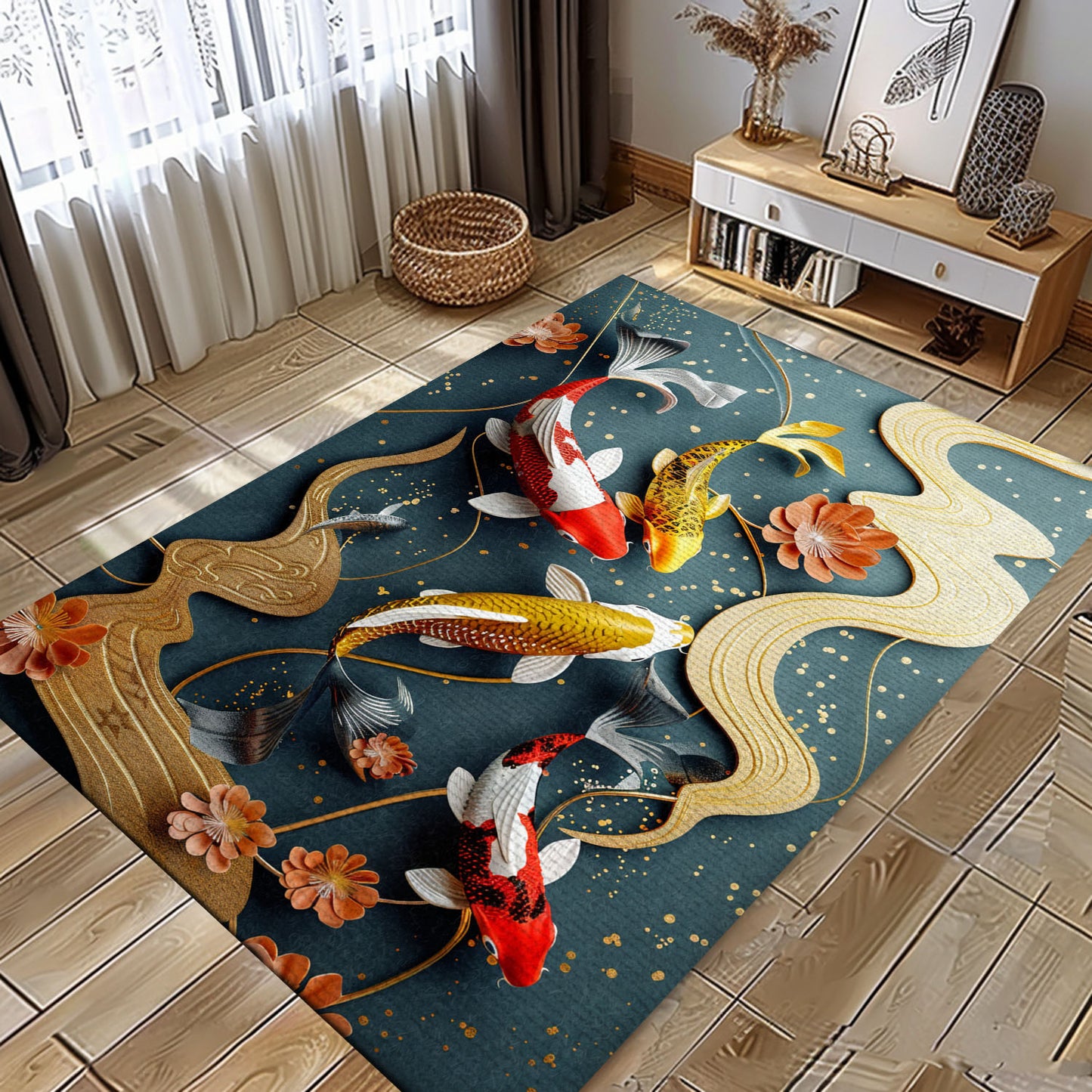 Koi Fish Area Rug – Elevate Your Living Room or Bedroom with This Stunning Piece, Perfect for Koi Fish Lovers, Koi Rugs, Koi Fish Rug Carpet for Koi Lovers Size 5x8, 4x6, 3x5, 2x3 FT Koi 30