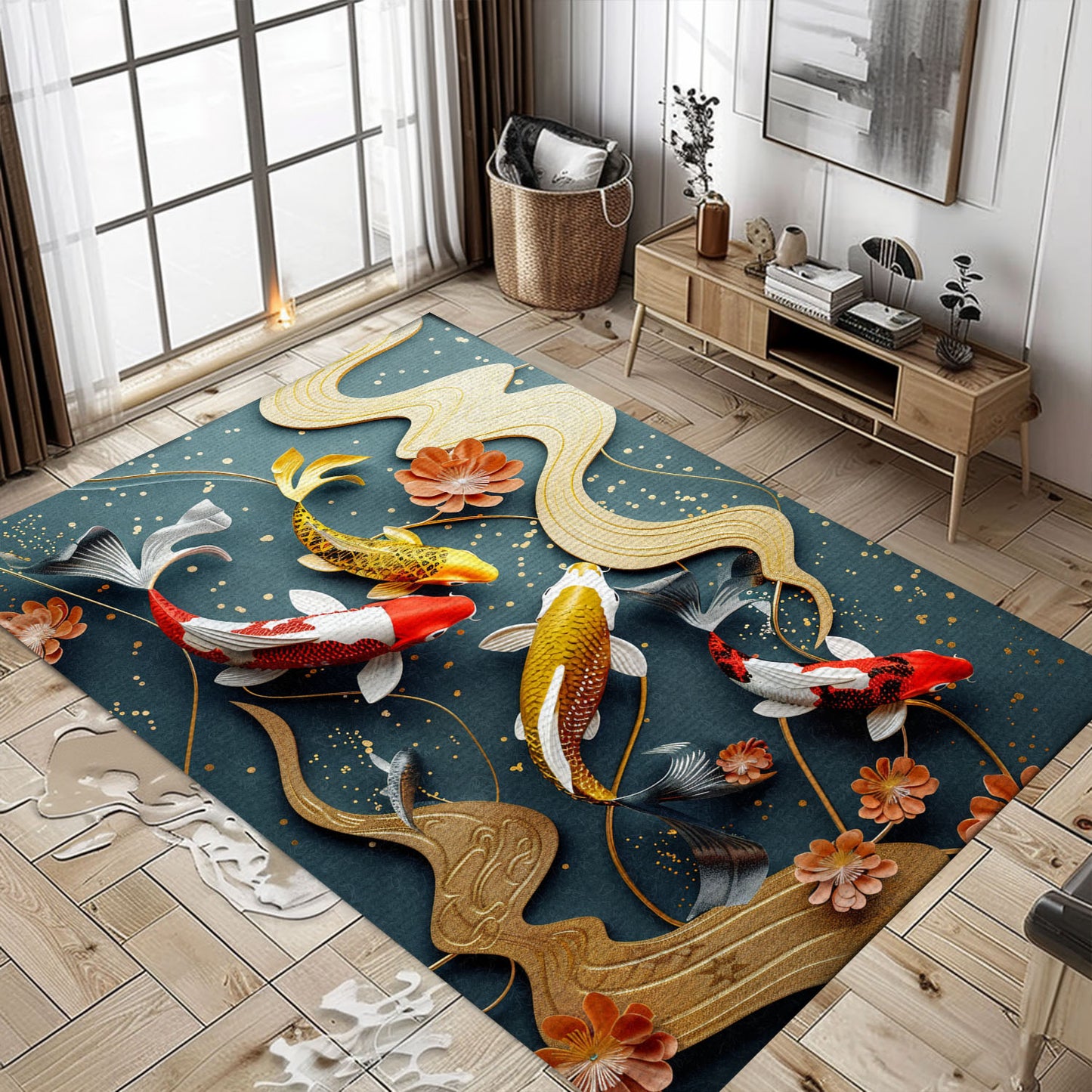 Koi Fish Area Rug – Elevate Your Living Room or Bedroom with This Stunning Piece, Perfect for Koi Fish Lovers, Koi Rugs, Koi Fish Rug Carpet for Koi Lovers Size 5x8, 4x6, 3x5, 2x3 FT Koi 30